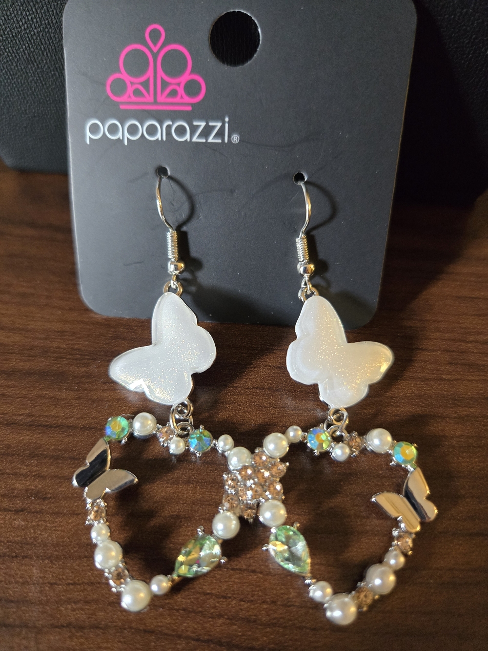 Paparazzi White Butterfly Hoop Earrings with Iridescent Accents
